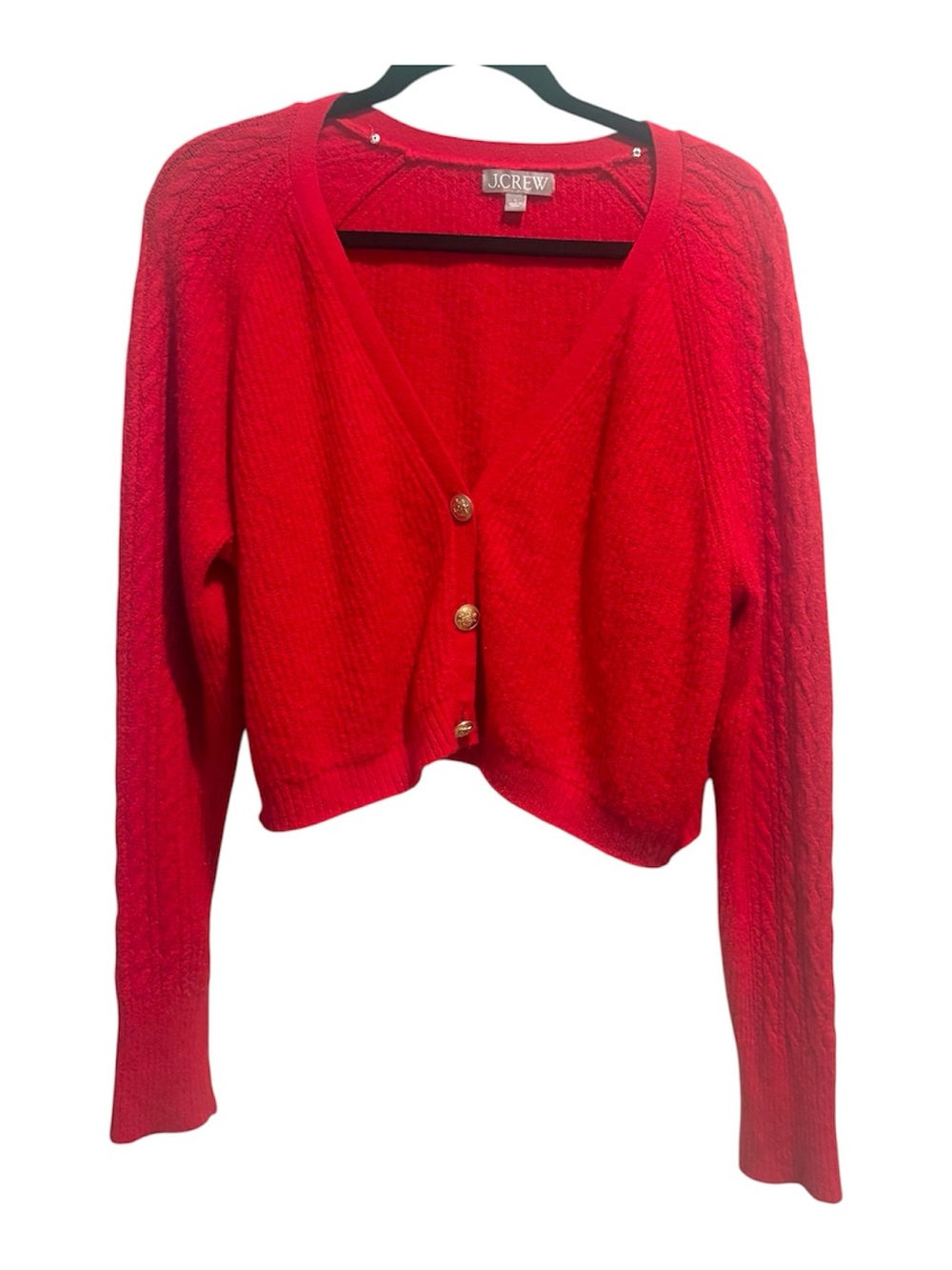 J. Crew Cropped Cardigan Red L Cable Knit Old Money Academia Gold Crest Buttons